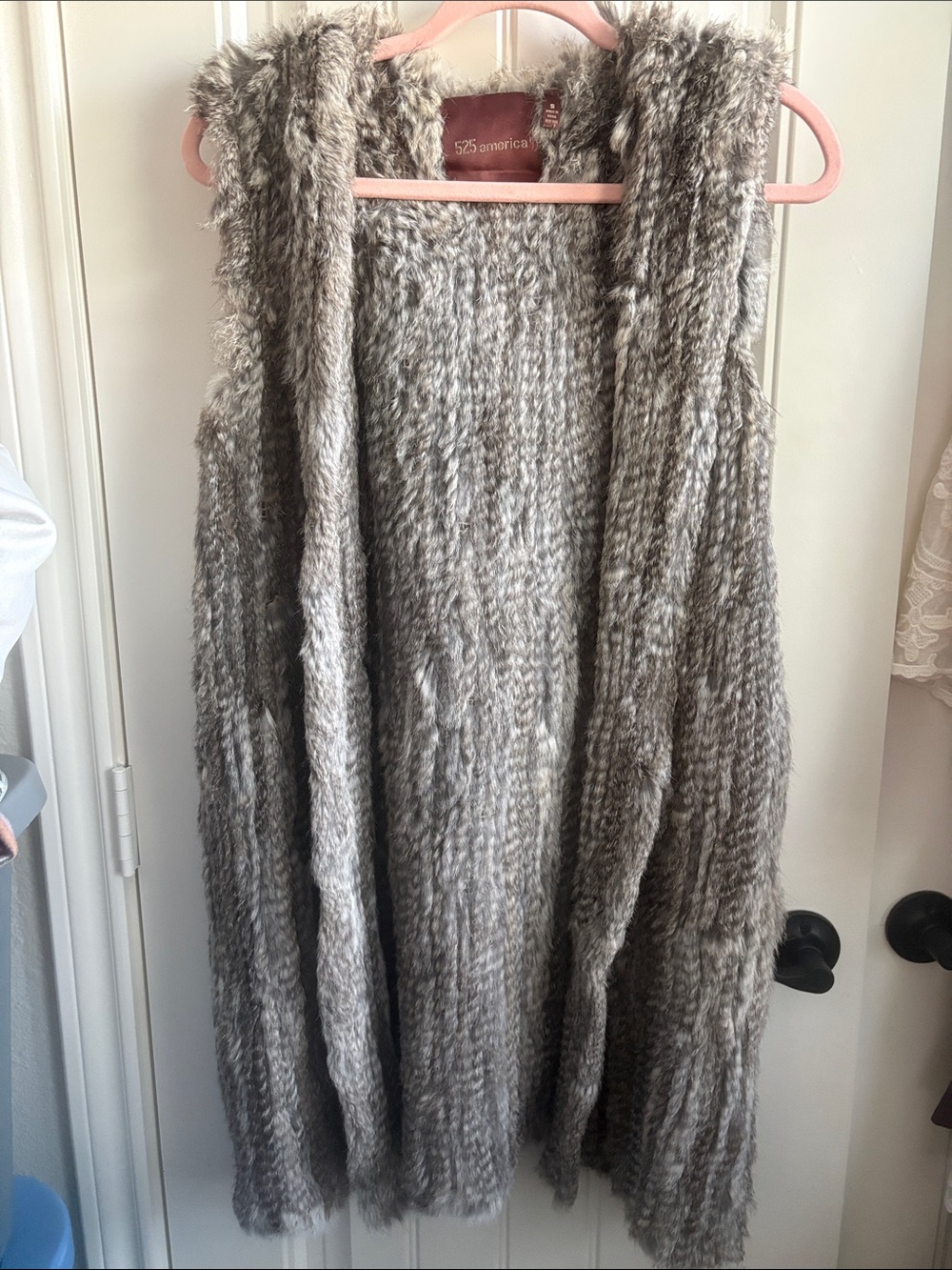 525 America Taupe Gray Rabbit Fur Knit Open-Front Vest
